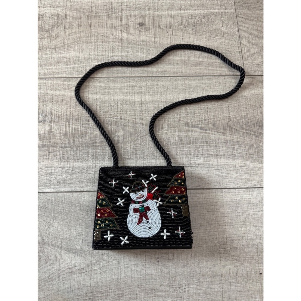Frankie and Baby Beverly Feldman Beaded Snowman Christmas Crossbody Bag Black